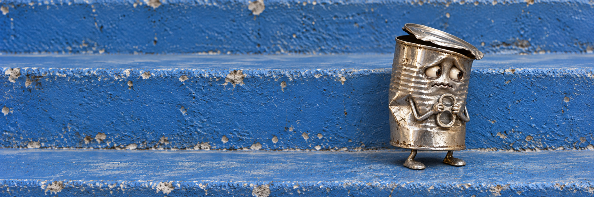 Sad Can alone on a wide flight of weathered blue steps
