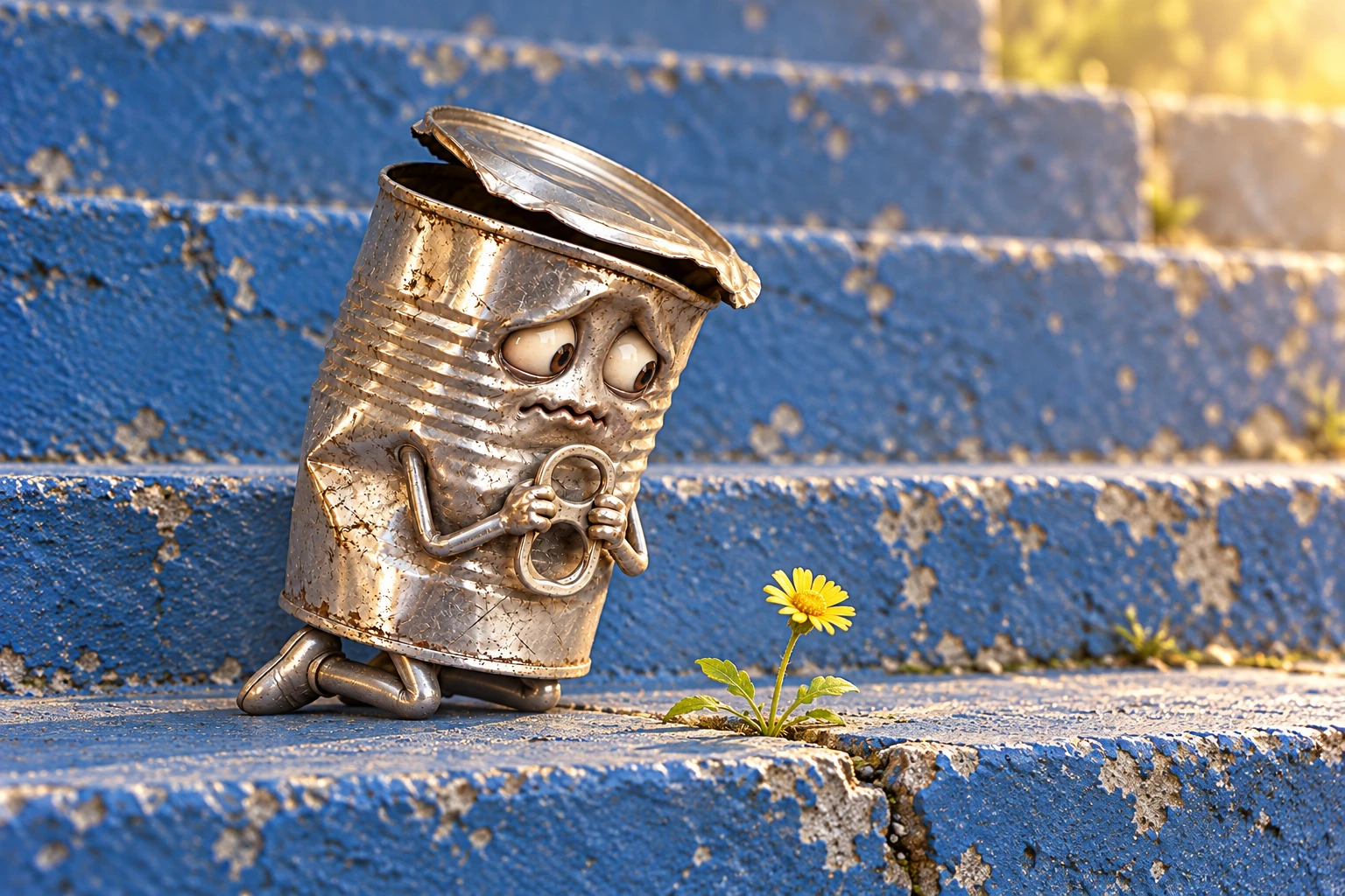Sad Can finding a tiny yellow flower on a cracked blue step