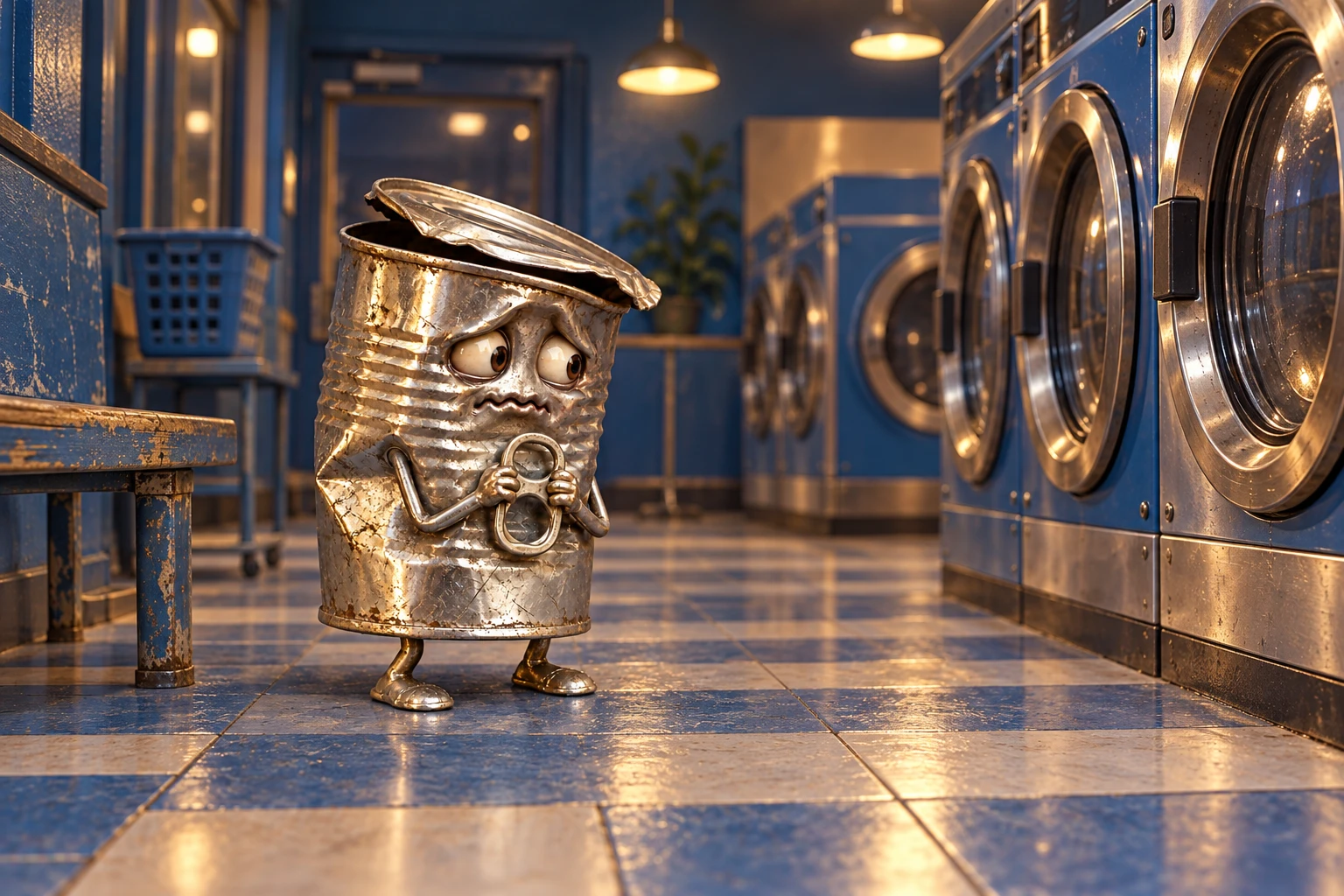 Sad Can waiting in a quiet blue laundromat