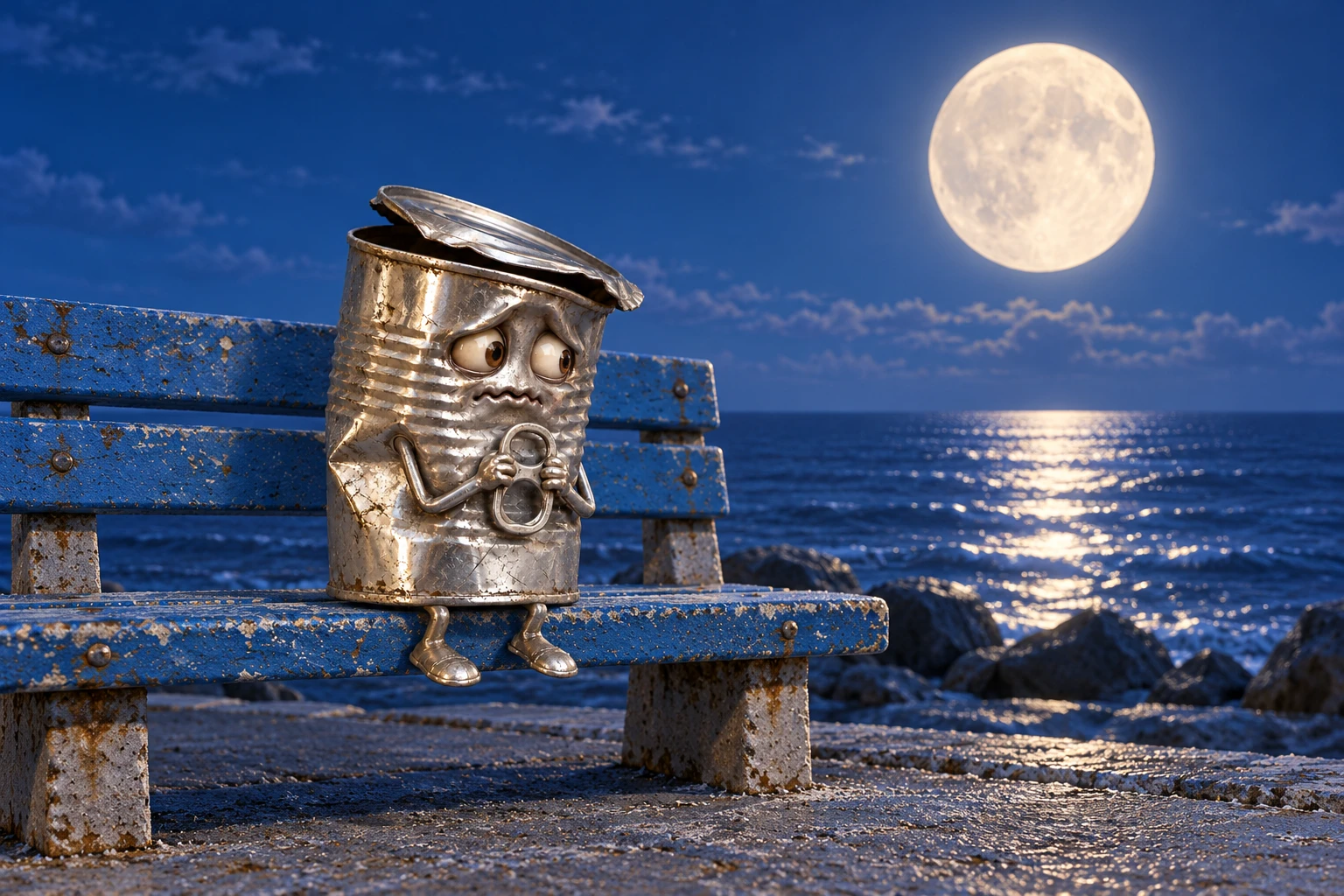 Sad Can sitting beside a moonlit sea
