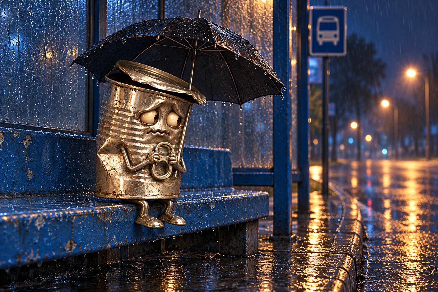 Sad Can waiting in the rain at a blue bus stop
