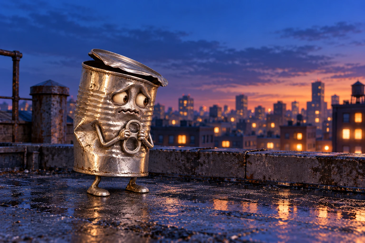 Sad Can on a rooftop at blue twilight