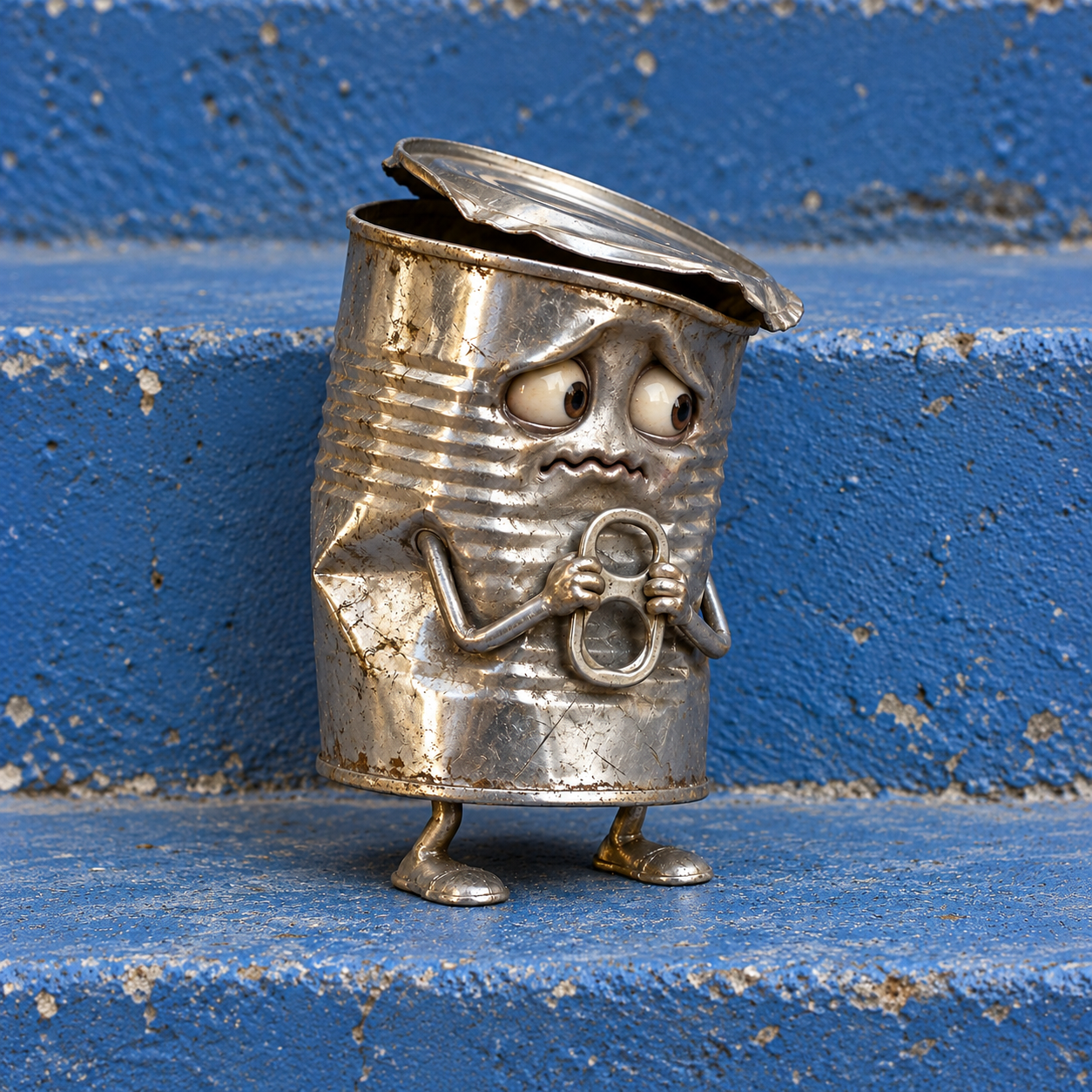 Sad Can holding his pull tab on chipped blue steps